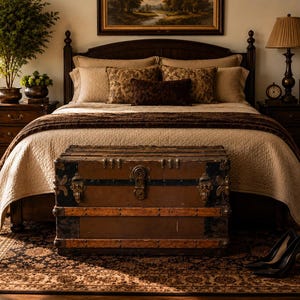 May include: A bedroom scene featuring a dark wooden bed frame with a beige quilted bedspread and decorative pillows. A vintage brown trunk sits at the foot of the bed. A patterned rug and a table lamp complete the scene.