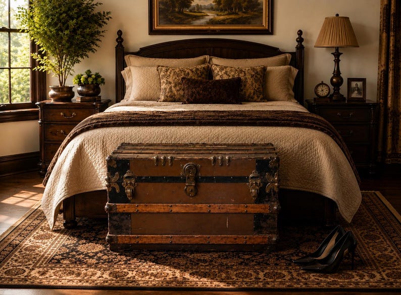 May include: A bedroom scene featuring a dark wooden bed frame with a beige quilted bedspread and decorative pillows. A vintage brown trunk sits at the foot of the bed. A patterned rug and a table lamp complete the scene.