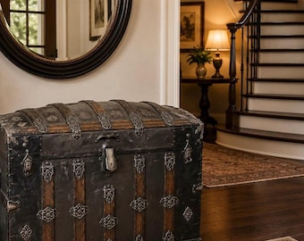 Antique Dome Top Steamer Trunk, Gothic Victorian Travel Trunk, Arched Lid Antique Chest, Dark Wood Storage Trunk