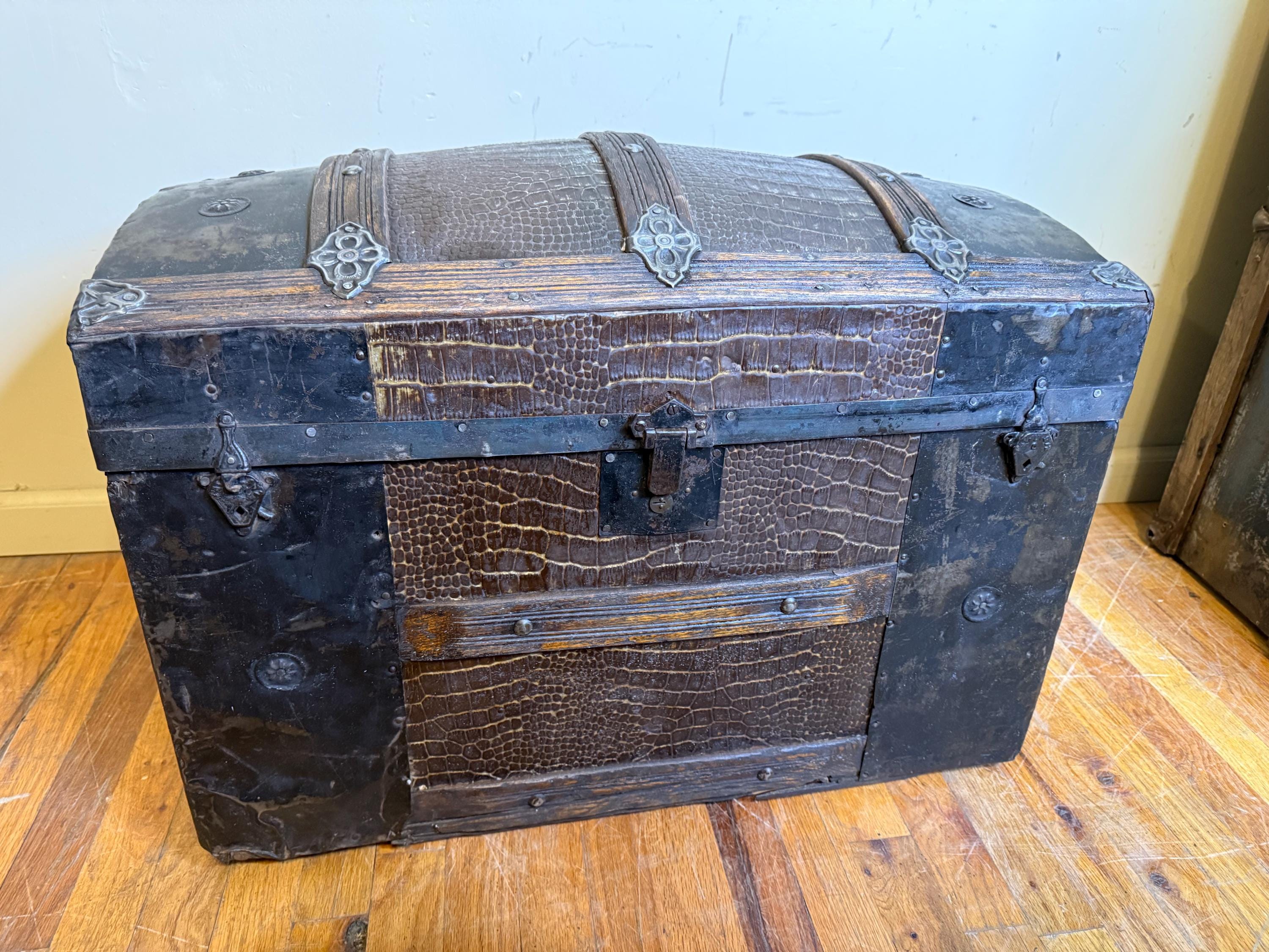 Antique Steamer Trunk, Crocodile Embossed Storage Chest, Small