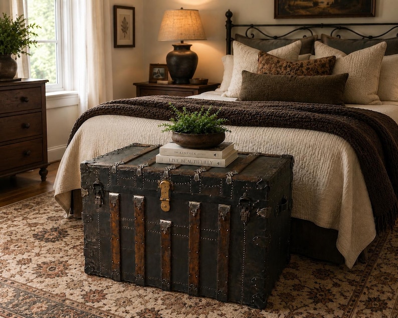 May include: An antique black trunk with metal accents and leather straps sits at the foot of a bed. The trunk is topped with books and a potted plant. The bedroom has a neutral color palette with a patterned rug.