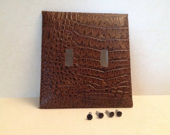 Switch plate cover, Faux Leather Double Switch Plate Covers, Crocodile, Black and Brown