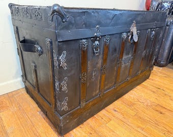 Antique Steamer Trunk Coffee Table, Flat Top Trunk, Industrial Storage Chest, Victorian Blanket Chest, Refinished Wood Banded Trunk