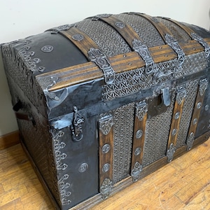 Antique Steamer Trunk, Vintage Chest Trunk, Antique Chest, Antique Trunk, Steamer, RARE Tin Trunk, Keepsake Gift Heirloom