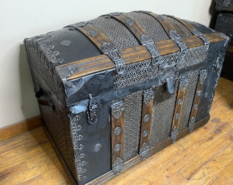 Rare Embossed Tin Antique Steamer Trunk, Refinished Storage Chest, Saratoga Dome Top