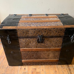 Antique Flat Top Steamer Trunk Black Wood