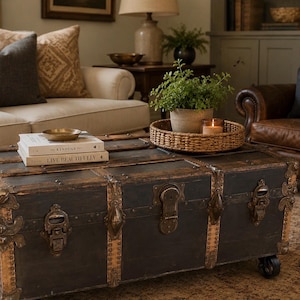 Puede incluir: Un ba&uacute;l negro vintage con detalles de lat&oacute;n sirve como mesa de centro, con libros, un peque&ntilde;o cuenco de lat&oacute;n y una bandeja tejida con una planta en maceta y una vela. El ba&uacute;l tiene protectores de esquina de metal y est&aacute; sobre ruedas.