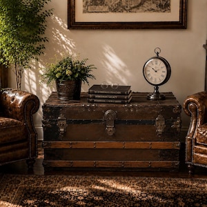 May include: A vintage-style living room scene featuring two brown leather armchairs, a wooden trunk, and a decorative clock. The trunk holds books and a potted plant. A rug and a framed picture complete the classic decor.