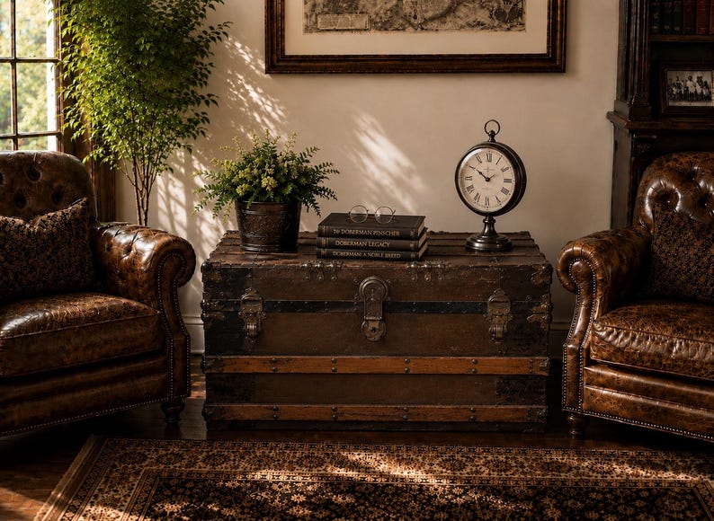 May include: A vintage-style living room scene featuring two brown leather armchairs, a wooden trunk, and a decorative clock. The trunk holds books and a potted plant. A rug and a framed picture complete the classic decor.