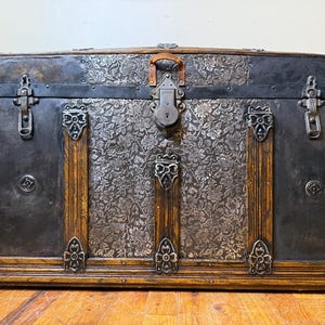 Steamer Trunk, Antique Trunk, Chest  Antique Vintage Travel Chest, Treasure Chest, Storage Chest, Anniversary Gift, Wedding Gift Retirement