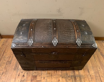 Antique Steamer Trunk: Crocodile Embossed Wooden Storage Chest