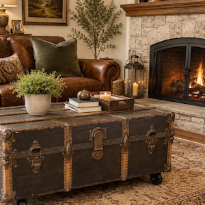 Puede incluir: Un ba&uacute;l vintage marr&oacute;n oscuro con detalles met&aacute;licos sirve como mesa de centro en un sal&oacute;n acogedor. El ba&uacute;l tiene cierres met&aacute;licos decorativos y est&aacute; sobre ruedas. Un sof&aacute; de cuero, una chimenea y una alfombra completan el espacio c&aacute;lido.