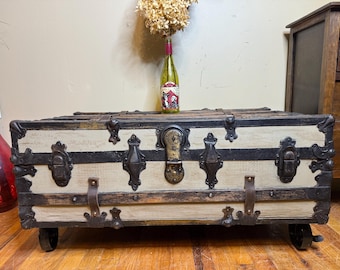 Antique Steamer Trunk Coffee Table, Shabby Beachy Storage Chest