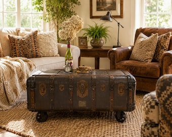 Antique Steamer Trunk Coffee Table, Flat Top Canvas Storage Trunk, Vintage Trunk Table, Rustic Industrial Coffee Table, Blanket Chest