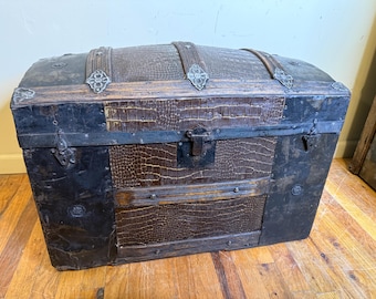 Antique Steamer Trunk, Crocodile Embossed Storage Chest, Small Vintage Travel Trunk