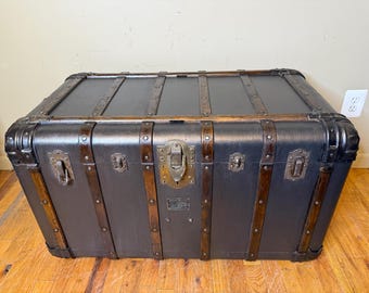 Indestructo Steamer Trunk Coffee Table, Antique Trunk, Industrial Storage Chest, Refinished Metallic Brown, Large Vintage Trunk