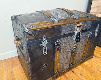 Antique Steamer Trunk | Domed Trunk | Embossed Tin Wood Chest