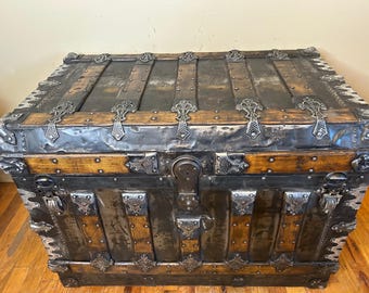 Rare Ornate Antique Steamer Trunk, Smooth Tin Flat Top Chest, Hardware Heavy Coffee Table, Refinished Storage Box, Large Blanket Trunk