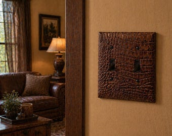 Switch plate cover, Faux Leather Double Switch Plate Covers, Crocodile, Black and Brown