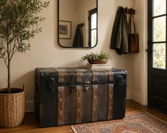 Monitor Top Antique Steamer Trunk 1800s, Large Restored Vintage Travel Chest, Metal Wood Coffee Table Trunk, Wedding Card Box