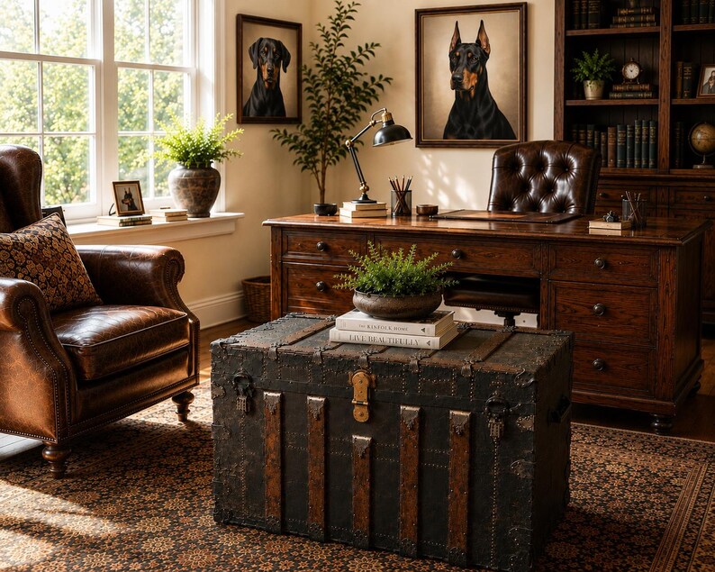 May include: A well-lit home office featuring a leather armchair, a wooden desk, and a vintage trunk. Two framed dog portraits hang on the wall. A small potted plant sits on the trunk, and a rug covers the floor.