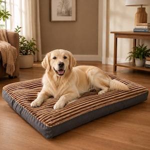 Op de afbeelding: Een golden retriever hond rustend op een rechthoekig huisdierbed. Het bed heeft een bovenzijde van getextureerd bruin corduroy en effen donkergrijze zijpanelen, wat een gewatteerd oppervlak biedt voor het dier om op de vloer te liggen.