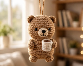 Crochet Bear Car Charm, Cute Teddy Bear Rearview Mirror Hanger, Handmade Amigurumi Car Ornament, Coffee Cup Crochet Gift