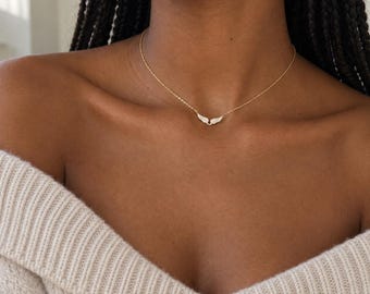 14K Gold Wing Necklace, Dainty Angel Pendant, Minimalist Gift for Her Him