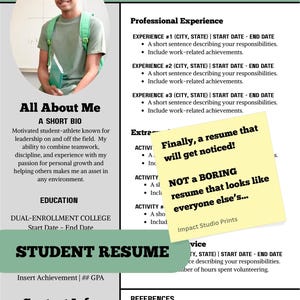 May include: A resume template featuring a sage green and white layout with a circular photo placeholder, sections for professional experience, education, and contact info, and a yellow sticky note with the text Finally, a resume that will get noticed!