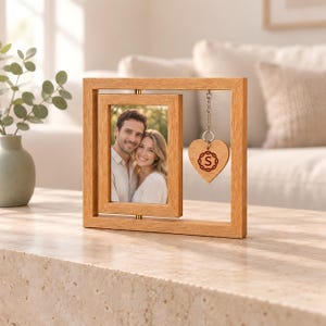 Personalized Rotating Photo Frame, Double Sided Picture Frame, Custom Laser Engraved Heart Charm, Wooden Couples Gift, Anniversary Gift