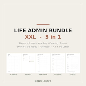 Könnte beinhalten: Ein digitales Life-Admin-Paket mit 60 druckbaren Seiten in den Formaten A4 und US Letter. Das Set enthält fünf undatierte Vorlagen: einen Planer, ein Budget, einen Essensplaner, einen Reinigungsplan und einen Fitness-Tracker im klaren Design.