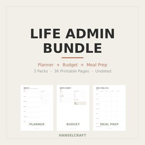 Könnte beinhalten: Ein digitales Life-Admin-Paket mit 36 undatierten, druckbaren Seiten in drei Sets: ein Planer, ein Monatsbudget und ein wöchentlicher Essensplan. Der Text lautet LIFE ADMIN BUNDLE, Planner + Budget + Meal Prep, 3 Packs, 36 Printable Pages, Undated und HANSELCRAFT.