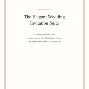 Könnte beinhalten: Ein weißes digitales Dokument mit einem dünnen goldenen Rand, das den Text HanselCraft Presents, The Elegant Wedding Invitation Suite, 9 fillable & printable cards, Invitation, Save the Date, RSVP, Details, Program, Table Number, Menu, Thank You, Envelope Liner enthält.