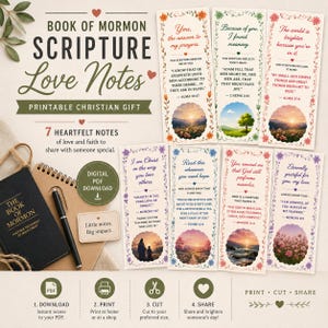 May include: Seven rectangular bookmarks featuring floral borders, inspirational quotes, and scripture verses from the Book of Mormon. Each bookmark includes a circular landscape illustration, such as sunsets, trees, and flowers, alongside text.