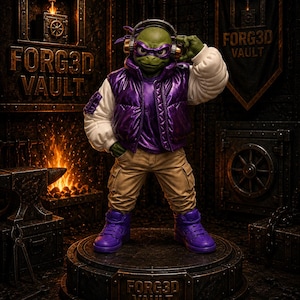 May include: A green turtle figurine wearing purple headphones, a purple puffer vest over white sleeves, tan cargo pants, and purple sneakers. The figure stands on a circular base labeled FORG3D VAULT, with the same text appearing on the wall behind.