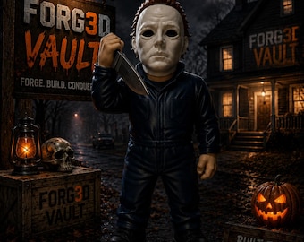 May include: A figurine of a character wearing a white mask and a dark blue jumpsuit, holding a silver knife. The scene includes a sign reading FORG3D VAULT, a skull, a lantern, a jack-o'-lantern, and a sign that reads BUILT FOR COLLECTORS.