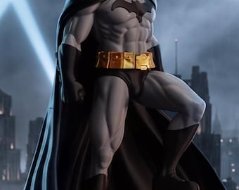 May include: A Batman figurine featuring a grey and black suit with a black bat emblem on the chest, a gold utility belt, and a long black cape. The character stands in a powerful pose with one foot resting on a carved stone gargoyle head.