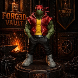 May include: A green anthropomorphic turtle figurine wearing a red bandana, a red sleeveless jacket over a yellow shirt, black pants, and gray high-top sneakers. The figure stands on a circular base labeled FORG3D VAULT in a dark workshop setting.