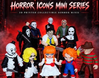 May include: A collection of 3D printed horror character figurines featuring iconic figures like Annabelle in a rocking chair, Chucky, Freddy Krueger, and others. The text reads Forg3d Vault Horror Icons Mini Series 3D Printed Collectible Horror Minis.