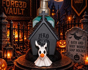 May include: A black soap dispenser holder shaped like a dog house with a cross on top and the name ZERO printed on the front. A white ghost dog figure with a small orange nose sits in front of the house. The base features the text FORG3D VAULT.