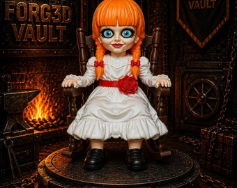 May include: A doll with bright orange hair in braids, large blue eyes, and a white dress with a red waist sash and flower detail. The doll sits in a dark brown wooden rocking chair on a circular base labeled FORG3D VAULT, with text visible.