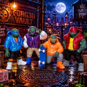 May include: Four anthropomorphic turtle action figures standing in an urban alleyway. They wear colorful hoodies, jackets, and sneakers. One figure holds a blue skateboard. The scene includes a manhole cover, a pizza box, and city skyline.