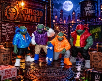 May include: Four anthropomorphic turtle action figures standing in an urban alleyway. They wear colorful hoodies, jackets, and sneakers. One figure holds a blue skateboard. The scene includes a manhole cover, a pizza box, and city skyline.