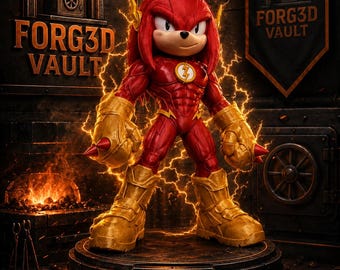 May include: A red and gold figurine of a character resembling Knuckles the Echidna wearing a Flash-inspired suit with a lightning bolt emblem on the chest. The figure stands on a circular base labeled FORG3D VAULT, surrounded by yellow lightning.