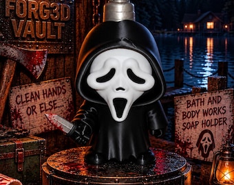 May include: A black and white soap dispenser shaped like a hooded figure with a white mask, holding a small knife. The figure stands on a circular base labeled FORG3D VAULT. A silver pump mechanism is attached to the top of the black hooded head.
