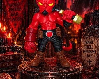 May include: A red Hellboy figurine with yellow eyes, a black goatee, and a large right hand, wearing black pants and brown boots. The figure stands on a circular base labeled FORG3D VAULT, holding a gold-handled tool, surrounded by thematic props.