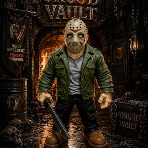 May include: A stylized figurine wearing a hockey mask with red markings, a distressed olive green jacket, a grey t-shirt, black pants, and brown boots. The figure holds a silver machete in one hand. The background features text reading FORG3D VAULT.