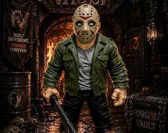 May include: A stylized figurine wearing a hockey mask with red markings, a distressed olive green jacket, a grey t-shirt, black pants, and brown boots. The figure holds a silver machete in one hand. The background features text reading FORG3D VAULT.