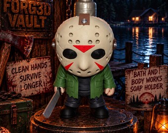 May include: A soap dispenser shaped like a character wearing a cream-colored hockey mask with red triangular markings and black eye holes. The figure wears a green jacket and black pants, holding a gray blade, mounted on a circular base labeled FORG3D VAULT.