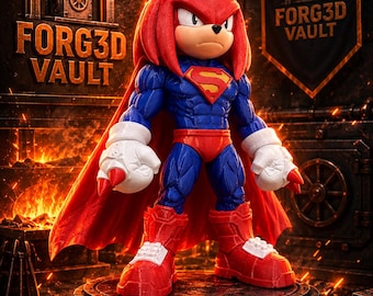 May include: A figurine of a red-haired character wearing a blue and red superhero suit with a yellow and red S-shield emblem on the chest, white gloves with red spikes, and red boots, standing on a circular base labeled FORG3D VAULT.